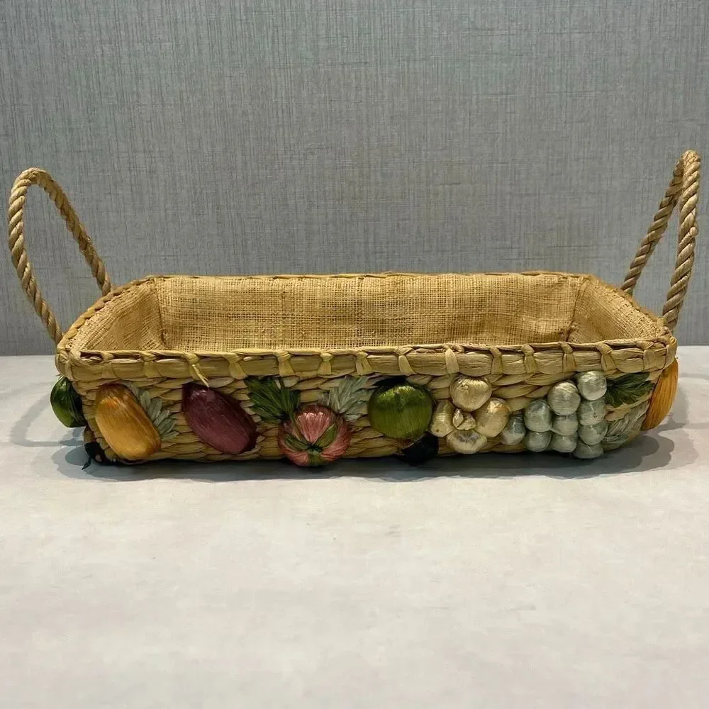 Vtg Woven Straw Lined Basket with 3D Fruit on Sides Phillipines Handmade Boho